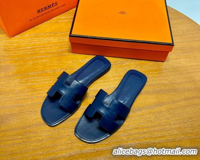 Top Grade Hermes Oran Classic Swift Calfskin Flat Slide Sandals Deep Blue 062616