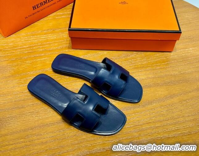 Top Grade Hermes Oran Classic Swift Calfskin Flat Slide Sandals Deep Blue 062616