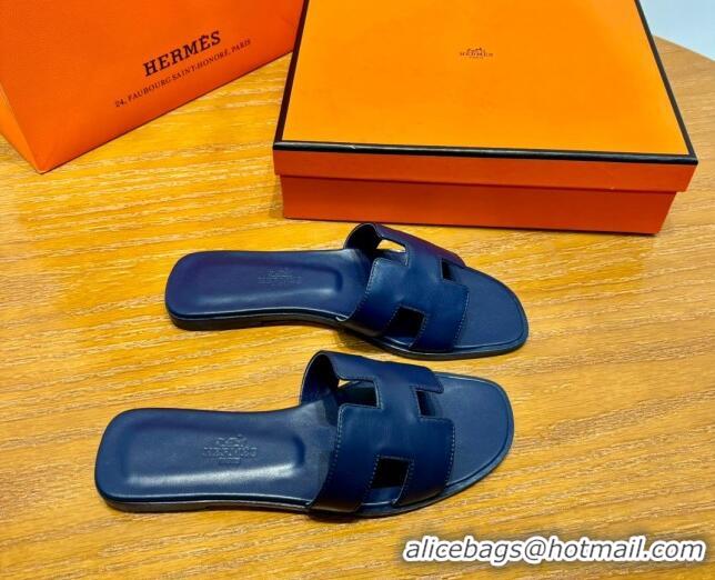 Top Grade Hermes Oran Classic Swift Calfskin Flat Slide Sandals Deep Blue 062616