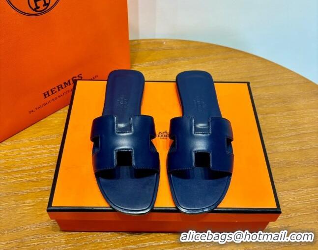 Top Grade Hermes Oran Classic Swift Calfskin Flat Slide Sandals Deep Blue 062616