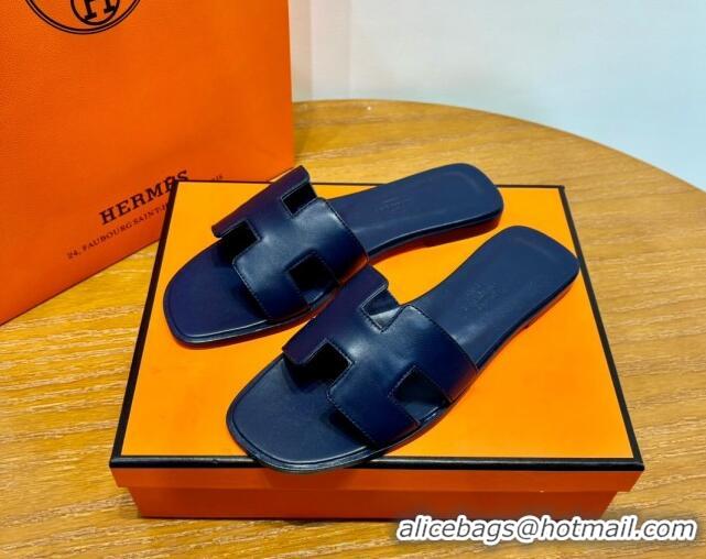 Top Grade Hermes Oran Classic Swift Calfskin Flat Slide Sandals Deep Blue 062616