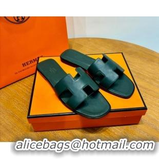 Sumptuous Hermes Oran Classic Swift Calfskin Flat Slide Sandals Green 062617