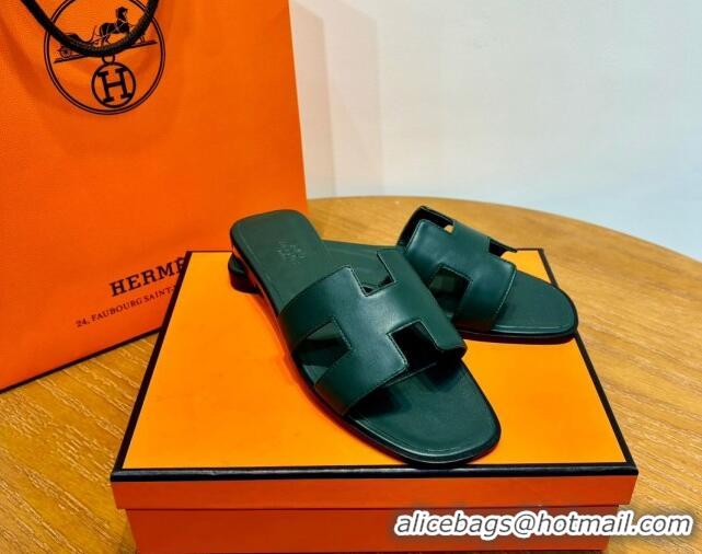 Sumptuous Hermes Oran Classic Swift Calfskin Flat Slide Sandals Green 062617