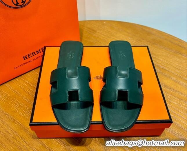 Sumptuous Hermes Oran Classic Swift Calfskin Flat Slide Sandals Green 062617