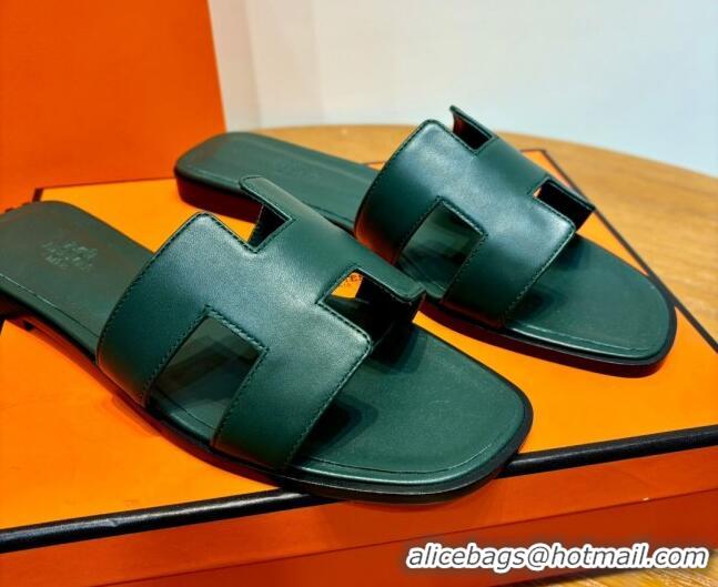 Sumptuous Hermes Oran Classic Swift Calfskin Flat Slide Sandals Green 062617