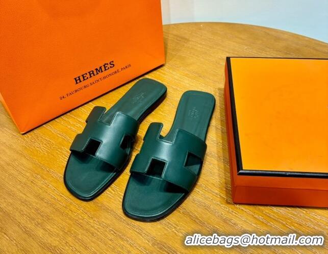 Sumptuous Hermes Oran Classic Swift Calfskin Flat Slide Sandals Green 062617