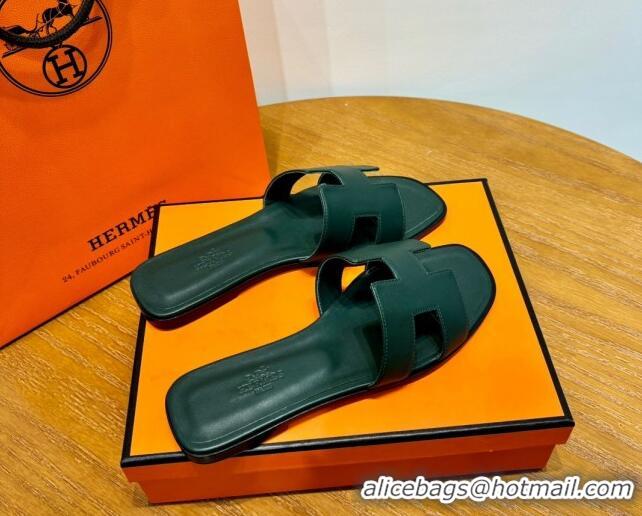 Sumptuous Hermes Oran Classic Swift Calfskin Flat Slide Sandals Green 062617