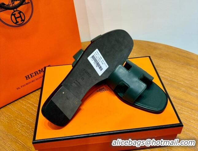 Sumptuous Hermes Oran Classic Swift Calfskin Flat Slide Sandals Green 062617