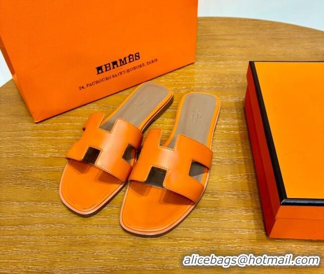 Durable Hermes Oran Classic Swift Calfskin Flat Slide Sandals Tan/Orange 062618