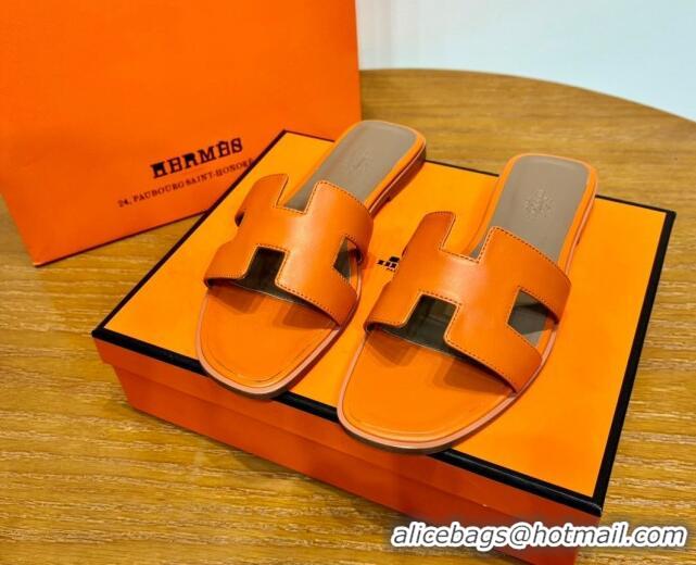 Durable Hermes Oran Classic Swift Calfskin Flat Slide Sandals Tan/Orange 062618