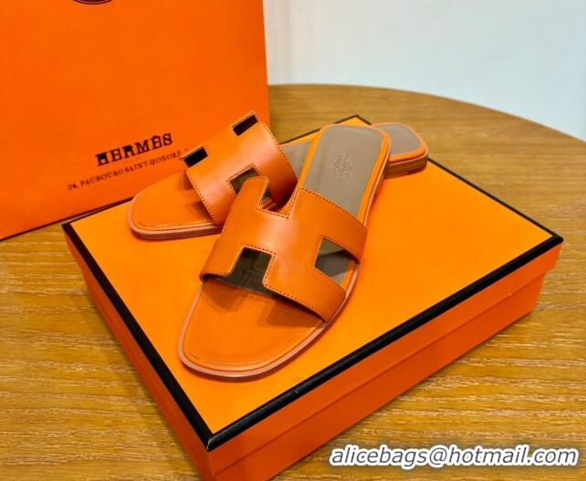 Durable Hermes Oran Classic Swift Calfskin Flat Slide Sandals Tan/Orange 062618