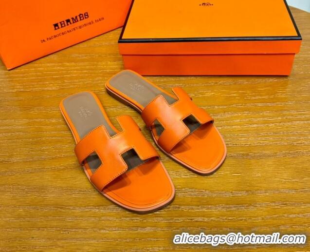 Durable Hermes Oran Classic Swift Calfskin Flat Slide Sandals Tan/Orange 062618