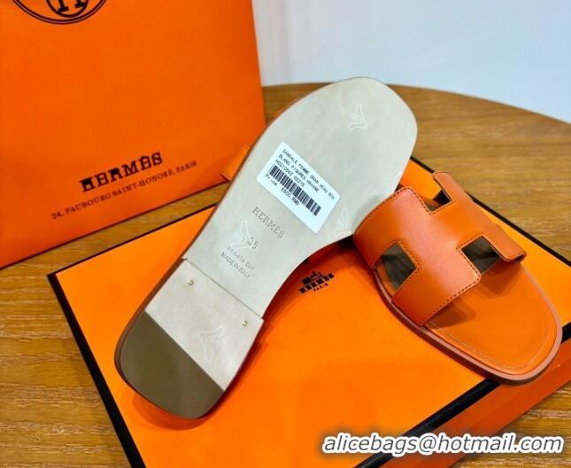 Durable Hermes Oran Classic Swift Calfskin Flat Slide Sandals Tan/Orange 062618