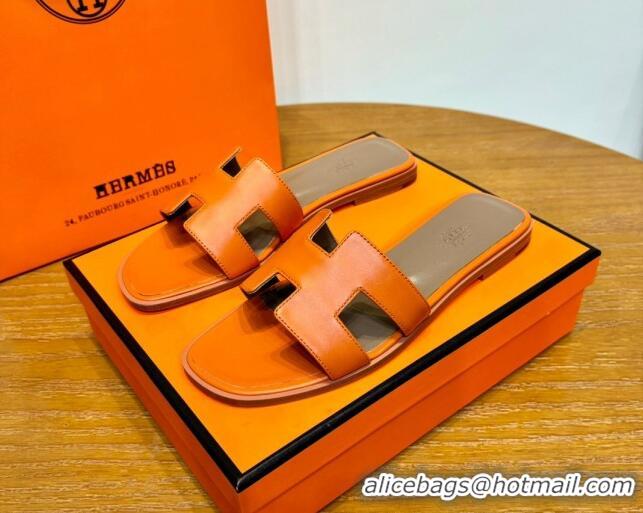 Durable Hermes Oran Classic Swift Calfskin Flat Slide Sandals Tan/Orange 062618