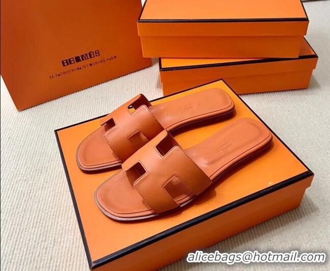 Unique Style Hermes Oran Classic Swift Calfskin Flat Slide Sandals Orange 062619