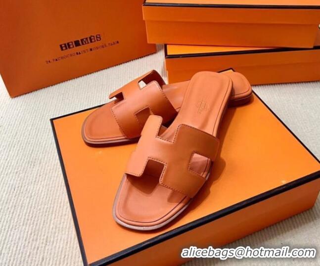 Unique Style Hermes Oran Classic Swift Calfskin Flat Slide Sandals Orange 062619