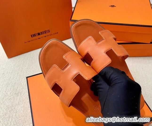 Unique Style Hermes Oran Classic Swift Calfskin Flat Slide Sandals Orange 062619