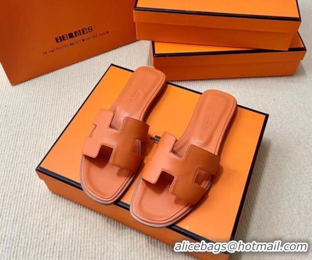 Unique Style Hermes Oran Classic Swift Calfskin Flat Slide Sandals Orange 062619