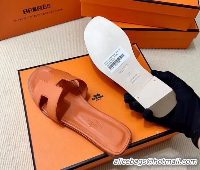 Unique Style Hermes Oran Classic Swift Calfskin Flat Slide Sandals Orange 062619