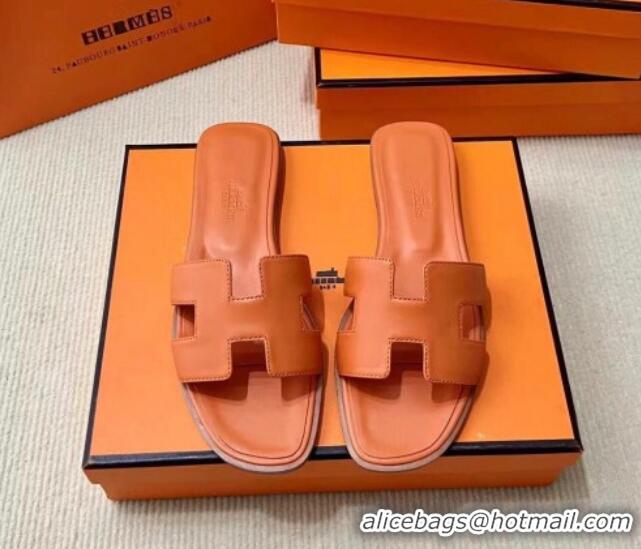 Unique Style Hermes Oran Classic Swift Calfskin Flat Slide Sandals Orange 062619