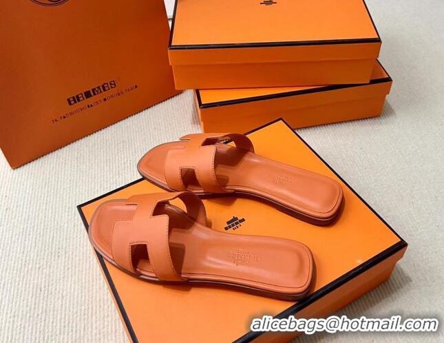 Unique Style Hermes Oran Classic Swift Calfskin Flat Slide Sandals Orange 062619