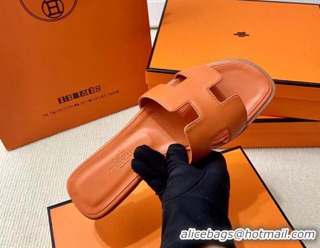 Unique Style Hermes Oran Classic Swift Calfskin Flat Slide Sandals Orange 062619