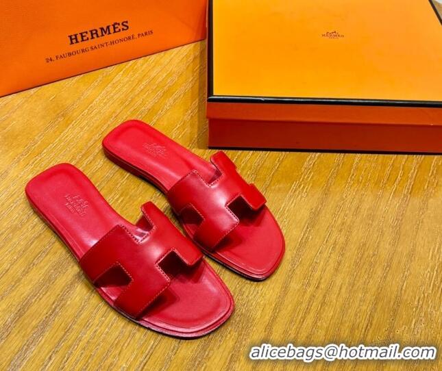 Lowest Price Hermes Oran Classic Swift Calfskin Flat Slide Sandals Red 062621