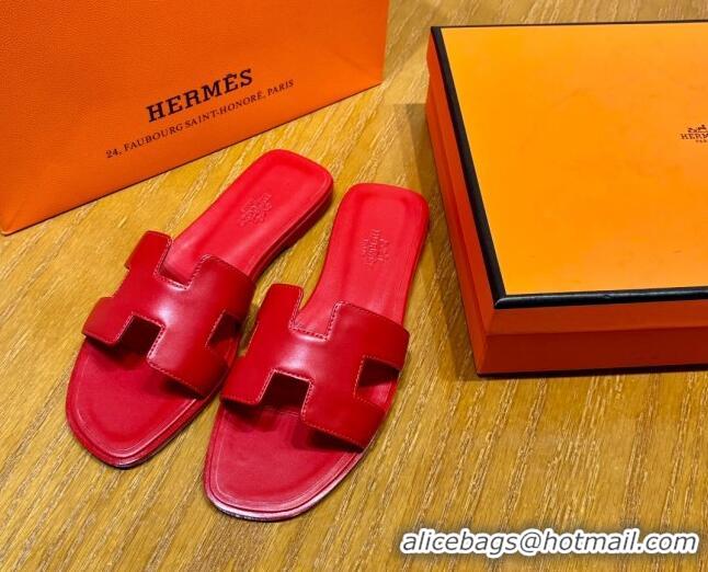 Lowest Price Hermes Oran Classic Swift Calfskin Flat Slide Sandals Red 062621