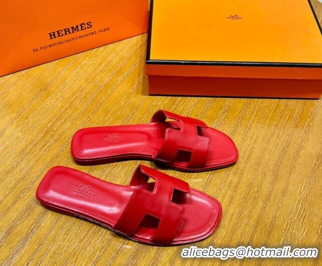 Lowest Price Hermes Oran Classic Swift Calfskin Flat Slide Sandals Red 062621