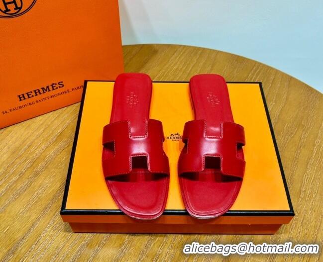 Lowest Price Hermes Oran Classic Swift Calfskin Flat Slide Sandals Red 062621