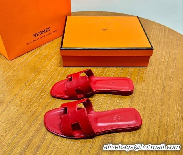 Lowest Price Hermes Oran Classic Swift Calfskin Flat Slide Sandals Red 062621