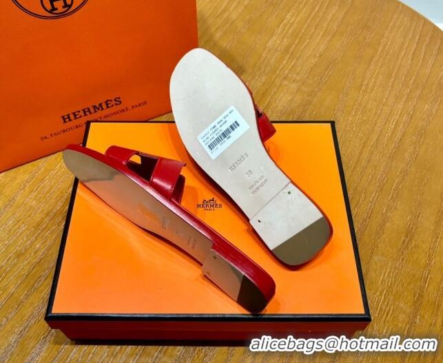 Lowest Price Hermes Oran Classic Swift Calfskin Flat Slide Sandals Red 062621