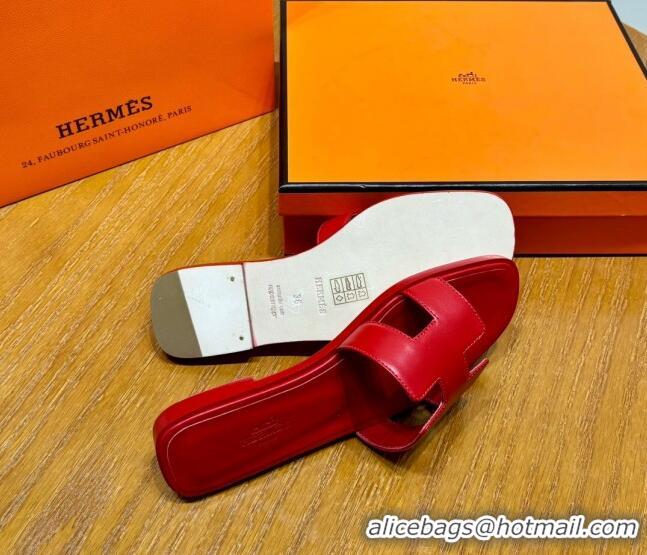 Lowest Price Hermes Oran Classic Swift Calfskin Flat Slide Sandals Red 062621