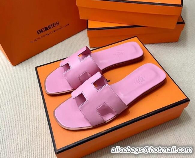 Hot Style Hermes Oran Classic Swift Calfskin Flat Slide Sandals Pink 062622