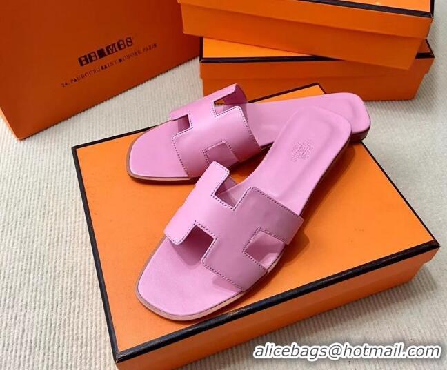 Hot Style Hermes Oran Classic Swift Calfskin Flat Slide Sandals Pink 062622