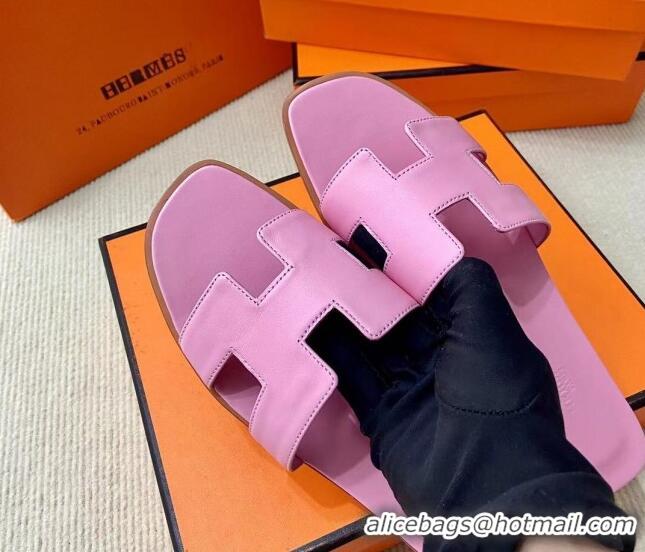 Hot Style Hermes Oran Classic Swift Calfskin Flat Slide Sandals Pink 062622