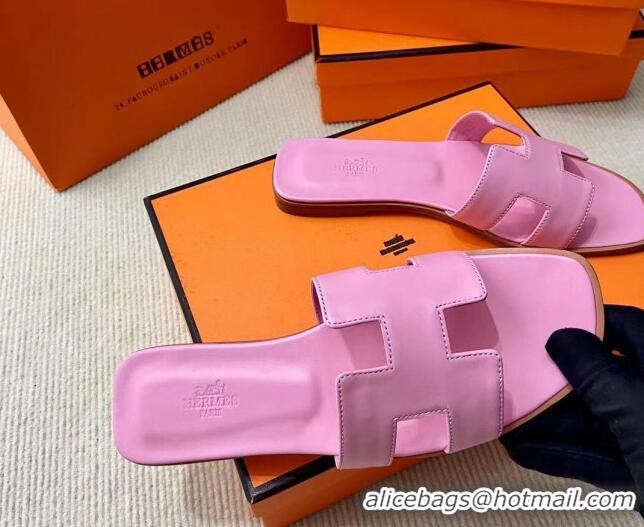 Hot Style Hermes Oran Classic Swift Calfskin Flat Slide Sandals Pink 062622