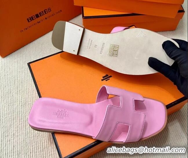 Hot Style Hermes Oran Classic Swift Calfskin Flat Slide Sandals Pink 062622