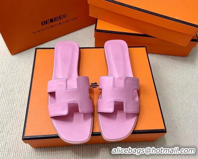 Hot Style Hermes Oran Classic Swift Calfskin Flat Slide Sandals Pink 062622