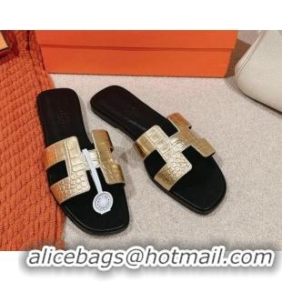 Low Cost Hermes Classic Oran Flat Slide Sandals in Crocodile Embossed Leather Gold 703001