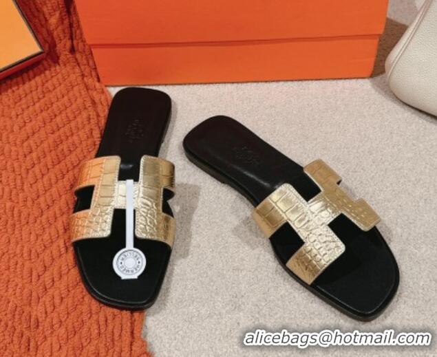 Low Cost Hermes Classic Oran Flat Slide Sandals in Crocodile Embossed Leather Gold 703001