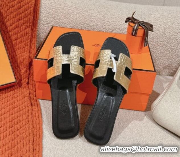 Low Cost Hermes Classic Oran Flat Slide Sandals in Crocodile Embossed Leather Gold 703001