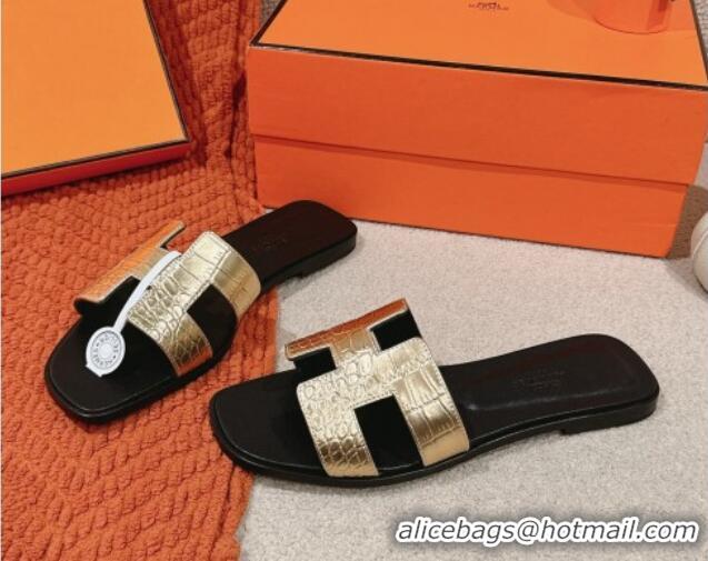 Low Cost Hermes Classic Oran Flat Slide Sandals in Crocodile Embossed Leather Gold 703001