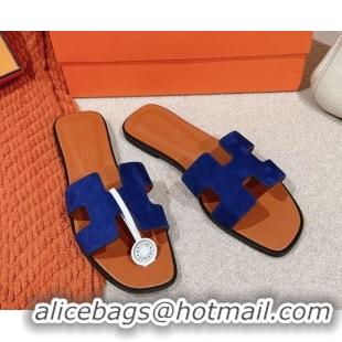 Best Product Hermes Classic Oran Flat Slide Sandals in Suede Blue 703002