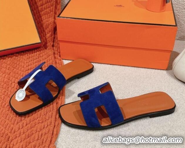 Best Product Hermes Classic Oran Flat Slide Sandals in Suede Blue 703002