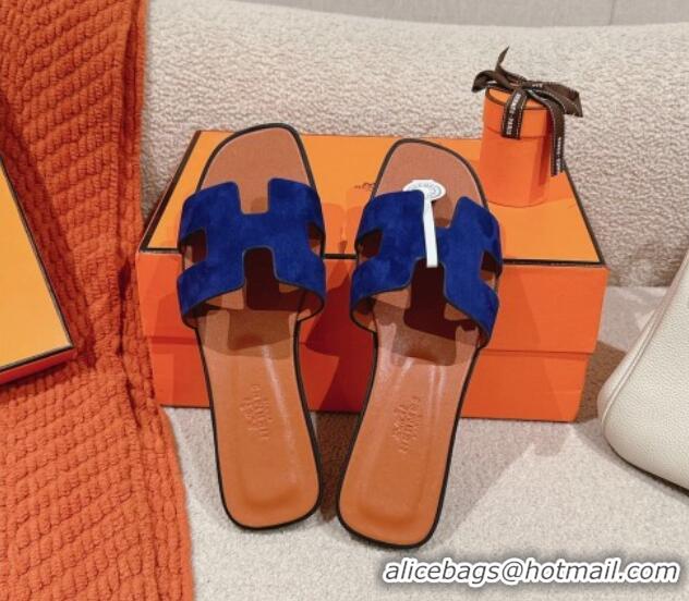 Best Product Hermes Classic Oran Flat Slide Sandals in Suede Blue 703002