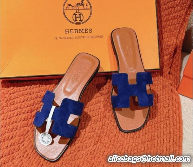 Best Product Hermes Classic Oran Flat Slide Sandals in Suede Blue 703002