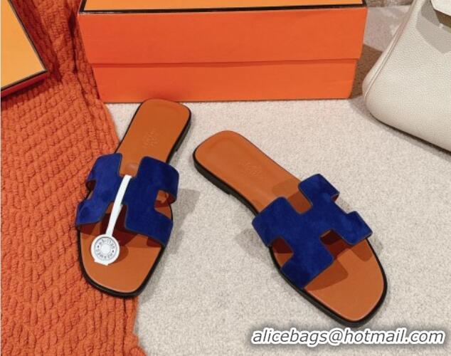 Best Product Hermes Classic Oran Flat Slide Sandals in Suede Blue 703002