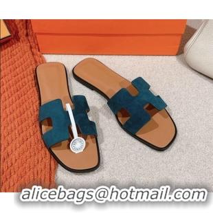 Unique Discount Hermes Classic Oran Flat Slide Sandals in Suede Green 703003