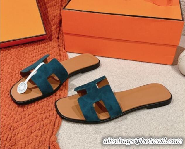 Unique Discount Hermes Classic Oran Flat Slide Sandals in Suede Green 703003